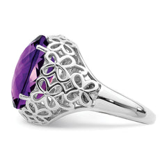 Sterling Silver Rhodium-plated Oval Checker-Cut Amethyst Ring