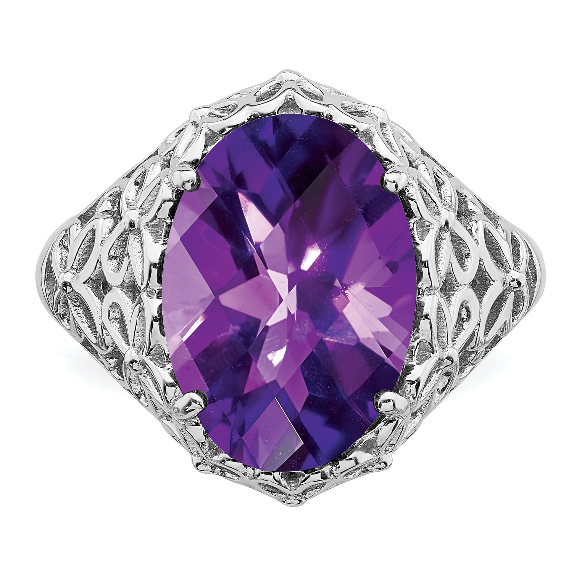 Sterling Silver Rhodium-plated Oval Checker-Cut Amethyst Ring