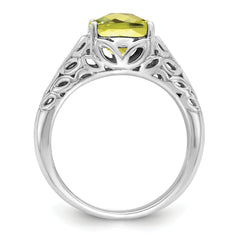 Sterling Silver Rhodium Checker-Cut Lemon Quartz Ring