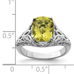 Sterling Silver Rhodium Checker-Cut Lemon Quartz Ring