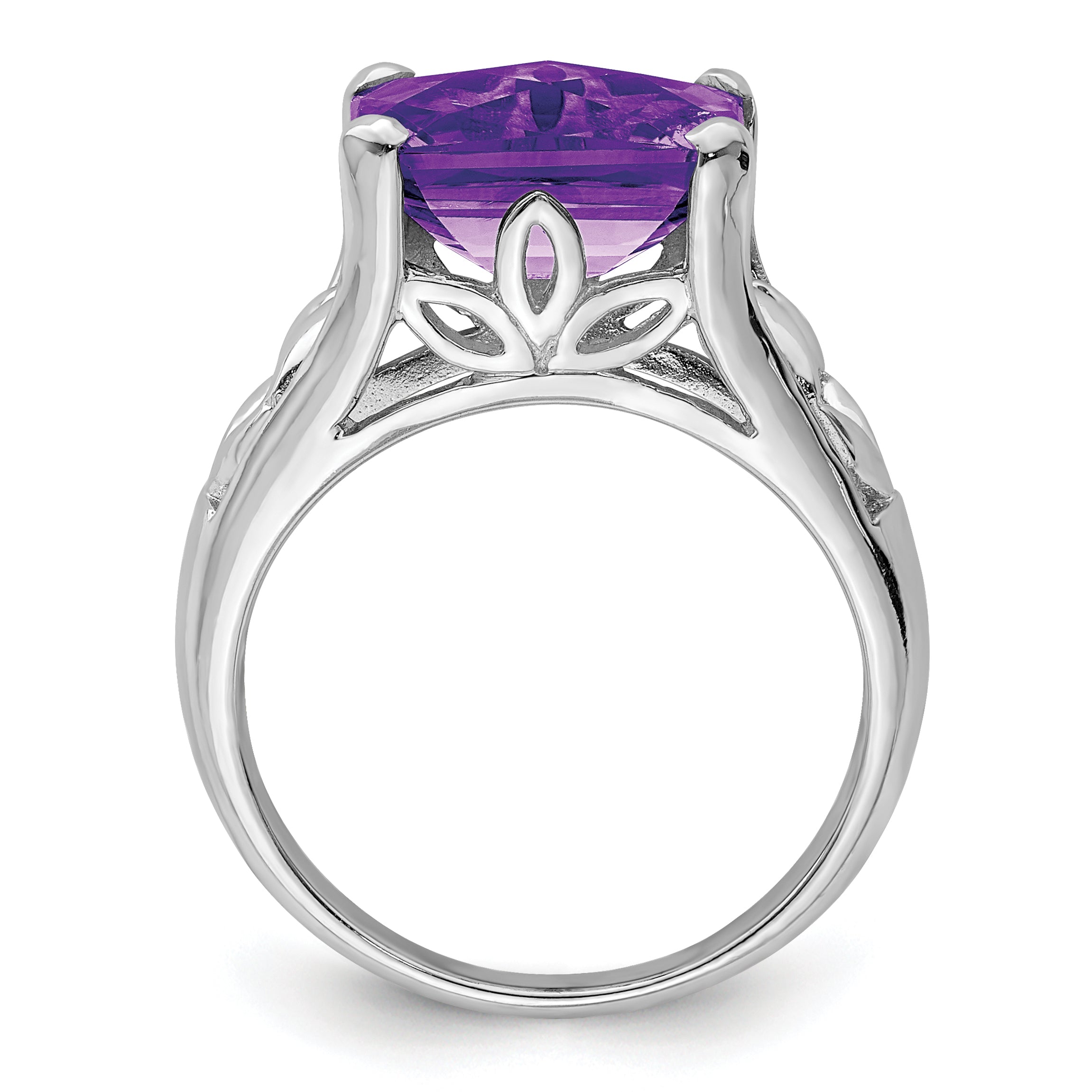 Sterling Silver Rhodium-plated Checker-Cut Amethyst Ring - 5