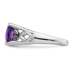 Sterling Silver Rhodium-plated Checker-Cut Amethyst Ring - 5