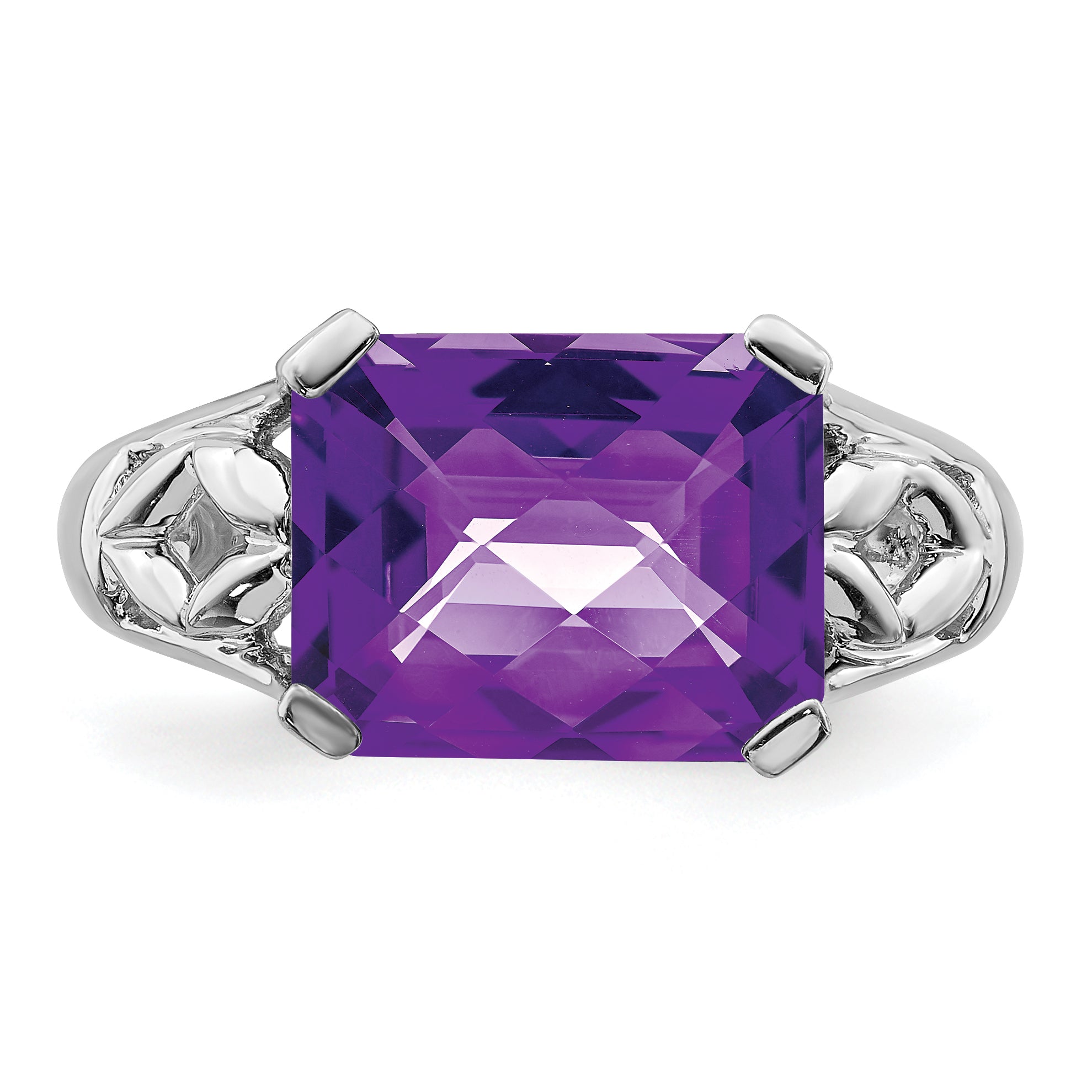 Sterling Silver Rhodium-plated Checker-Cut Amethyst Ring - 5