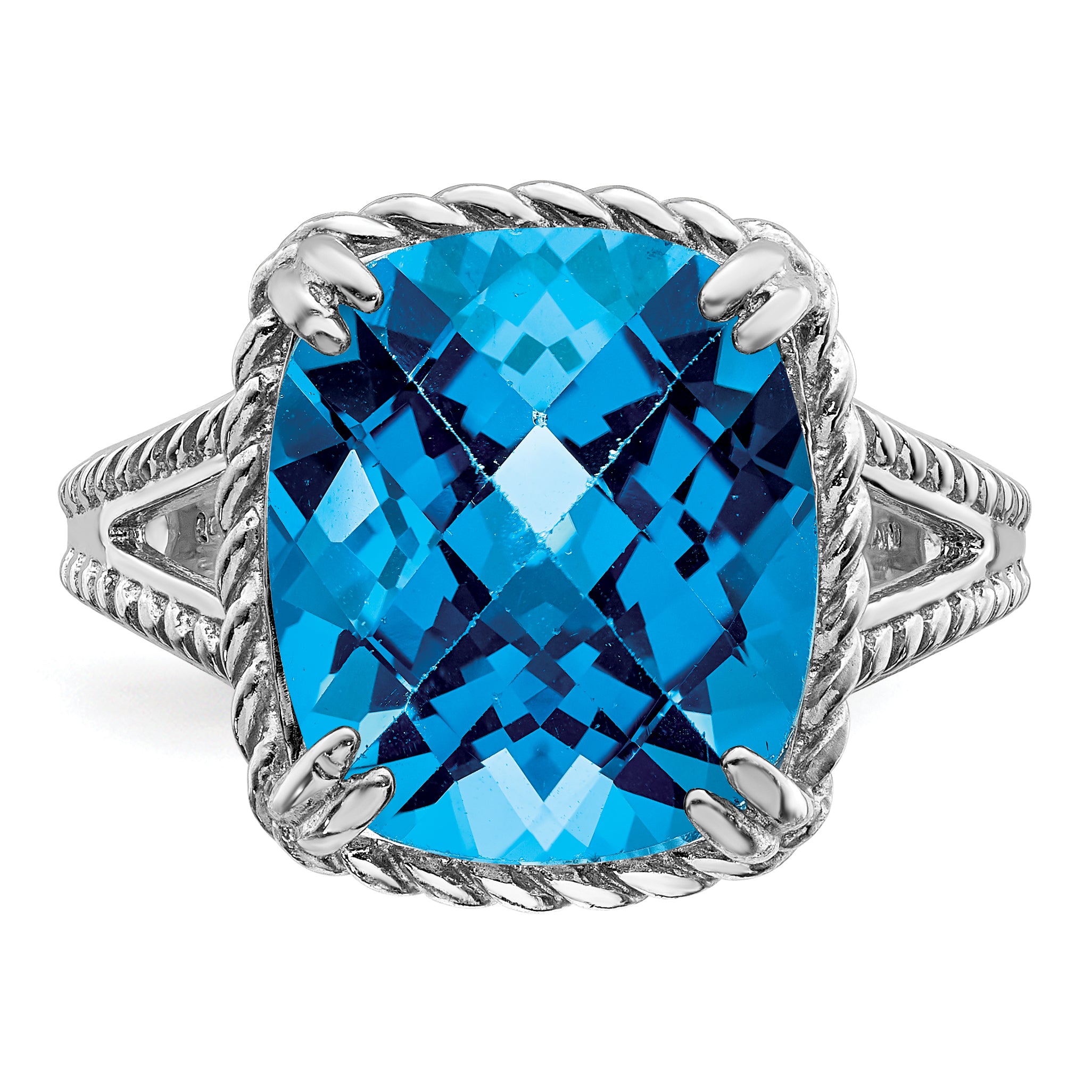 Sterling Silver Rhodium Checker-Cut Blue Topaz Ring