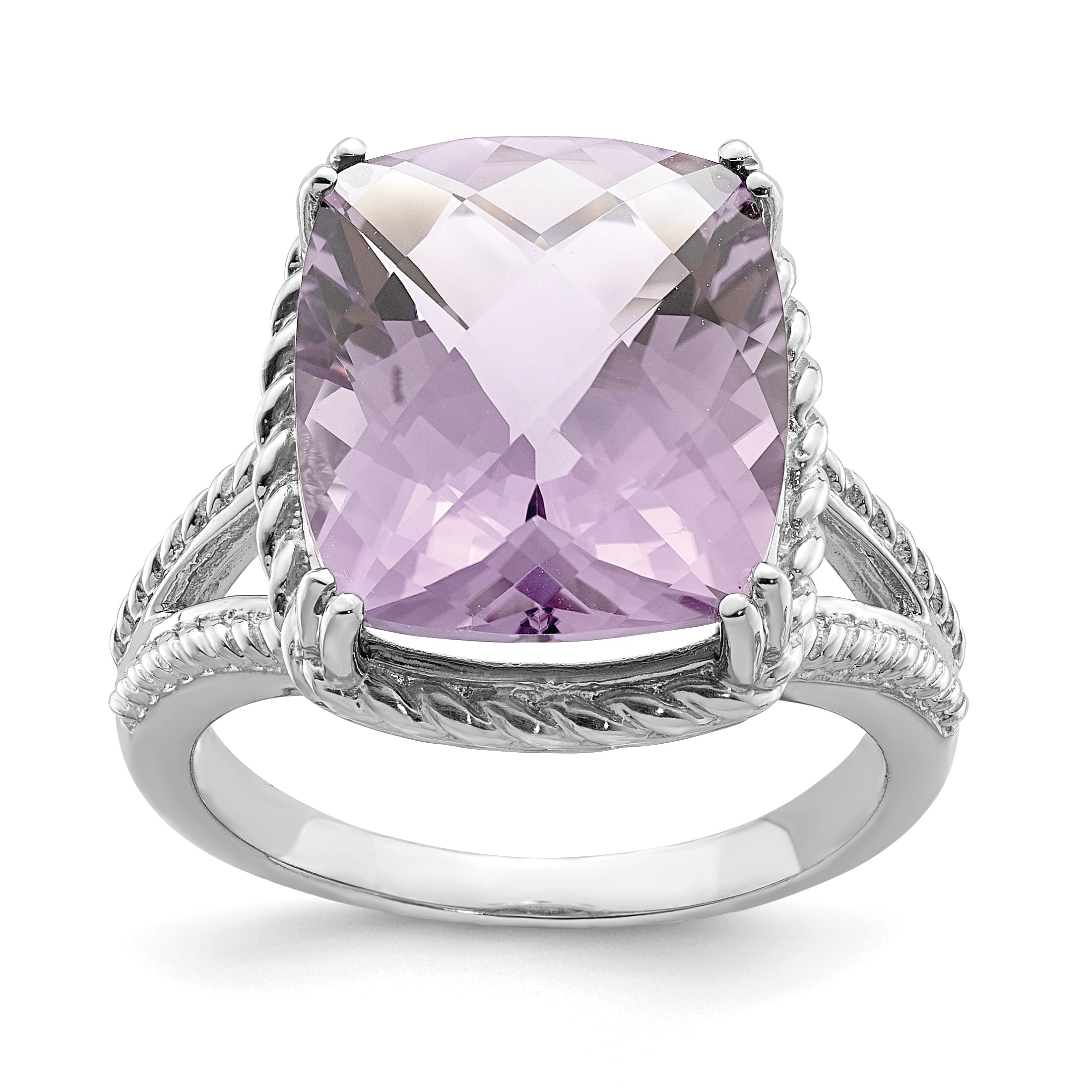 Sterling Silver Rhodium Checker-Cut Pink Quartz Ring