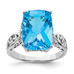 Sterling Silver Rhodium Checker-Cut Blue Topaz Ring