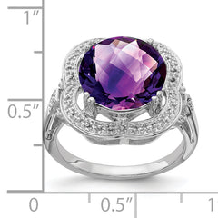 Sterling Silver Rhodium-plated Checker-Cut Amethyst Ring - 7