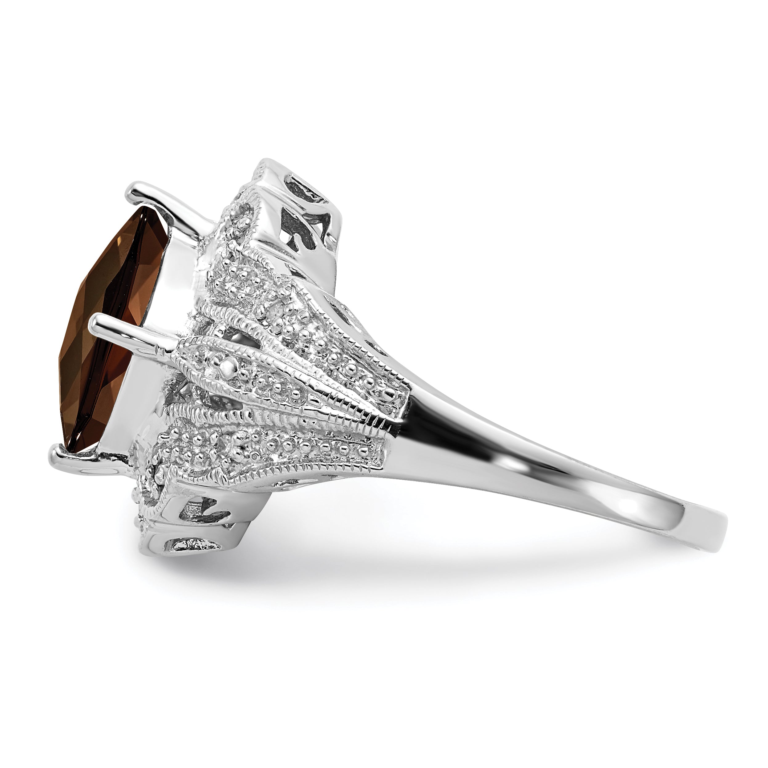 Sterling Silver Rhodium Checker-Cut Smoky Quartz & Diamond Ring