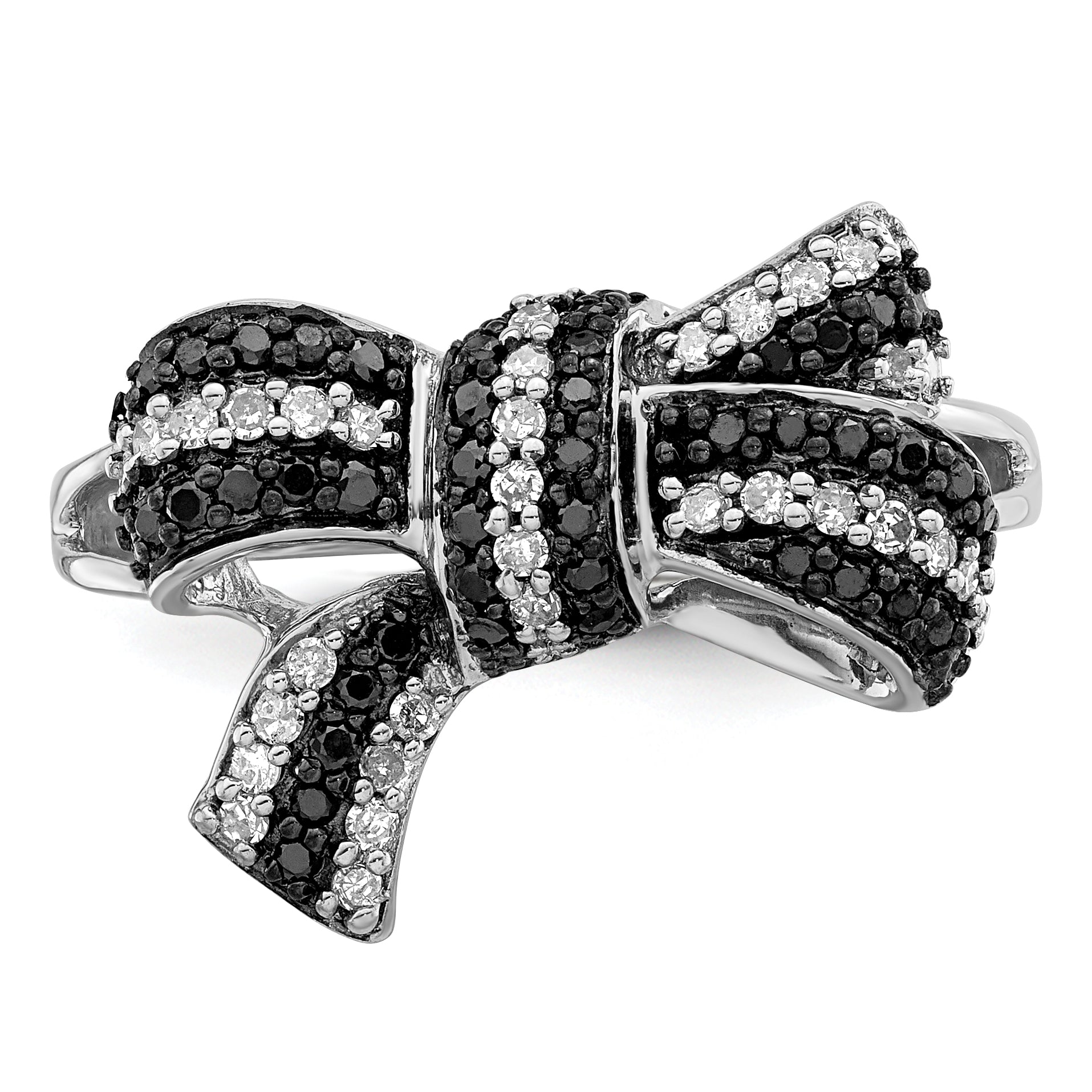 White Night Sterling Silver Rhodium-plated Black and White Diamond Bow Ring