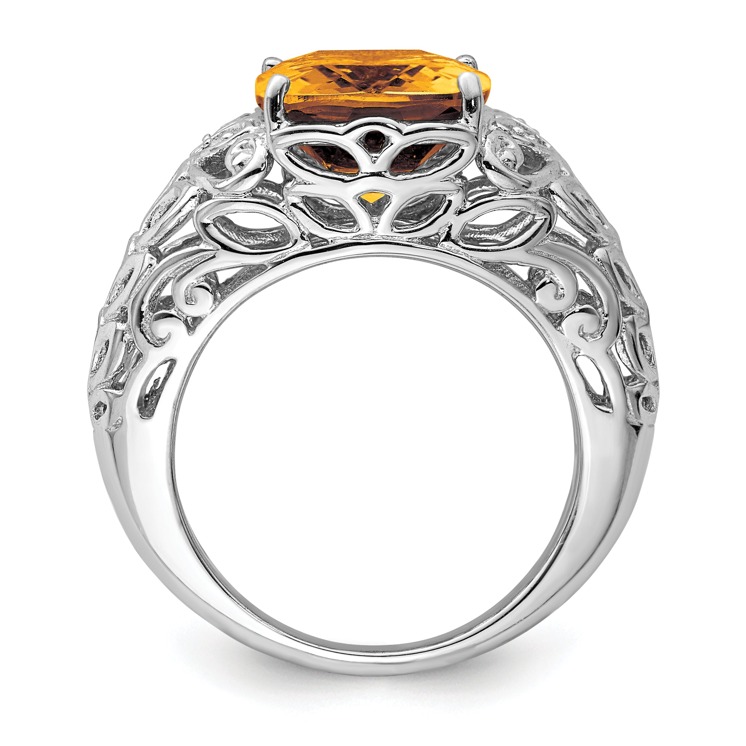Sterling Silver Rhodium Whiskey Quartz & Diamond Ring - 7