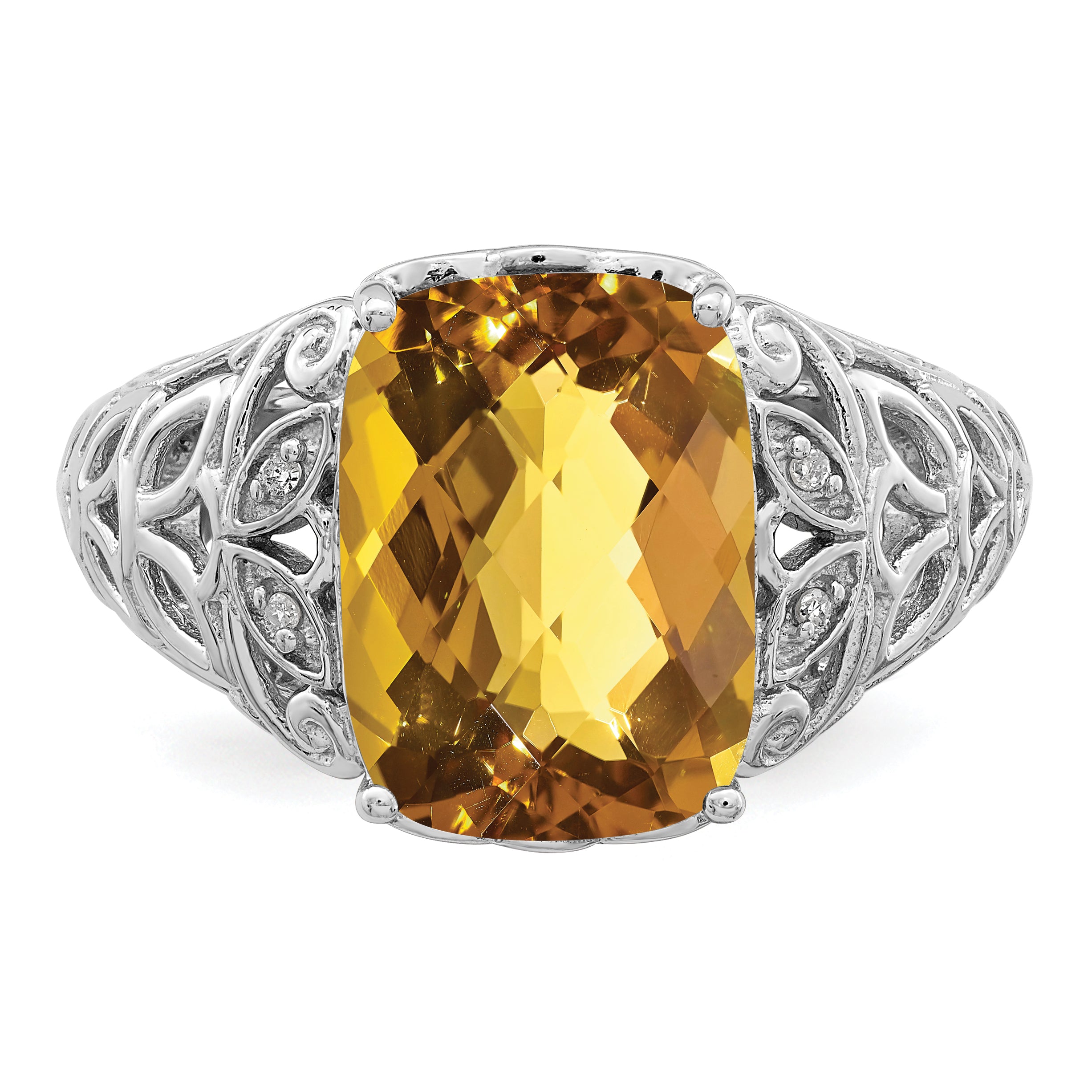 Sterling Silver Rhodium Whiskey Quartz & Diamond Ring - 7