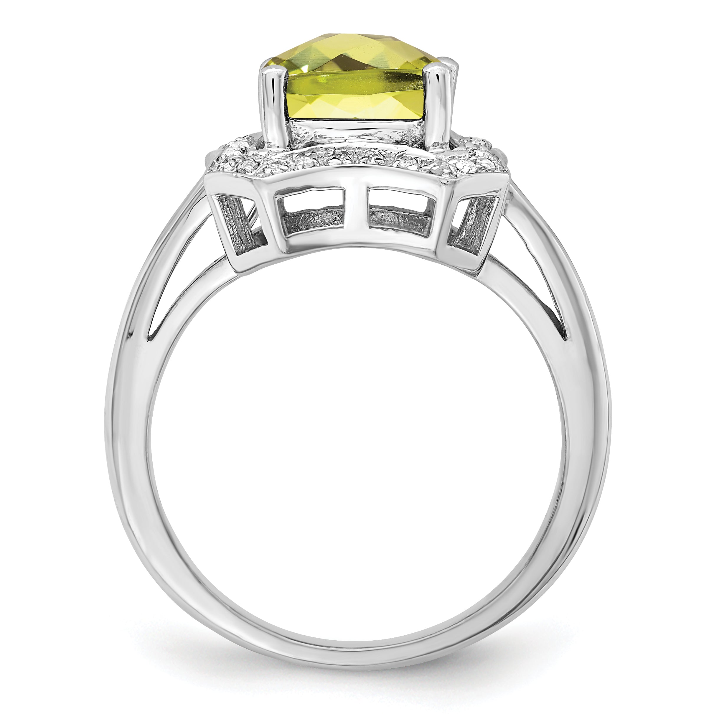 Sterling Silver Rhodium Checker-Cut Lemon Quartz & Diamond Ring