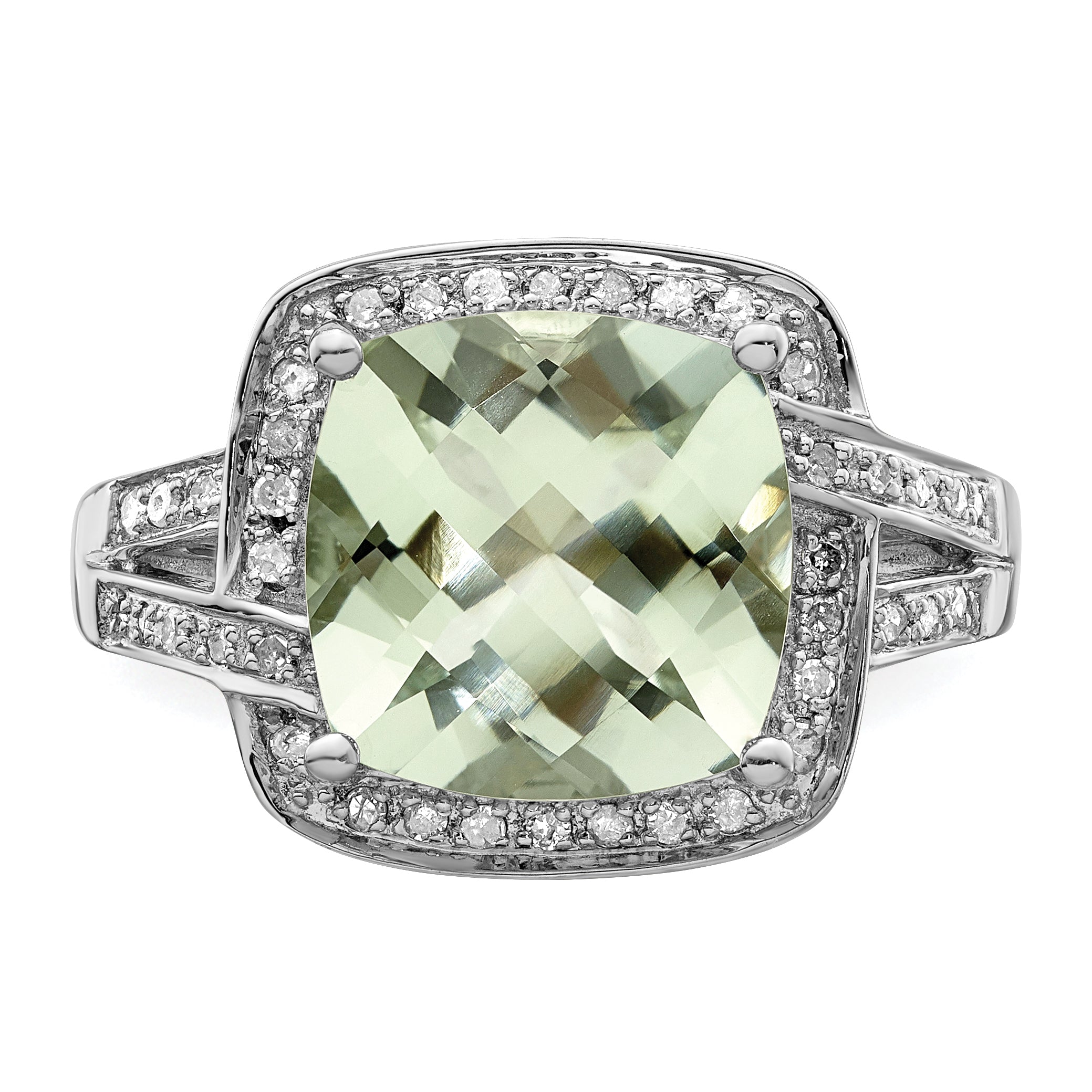 Sterling Silver Rhodium Checker-Cut Green Quartz & Diamond Ring