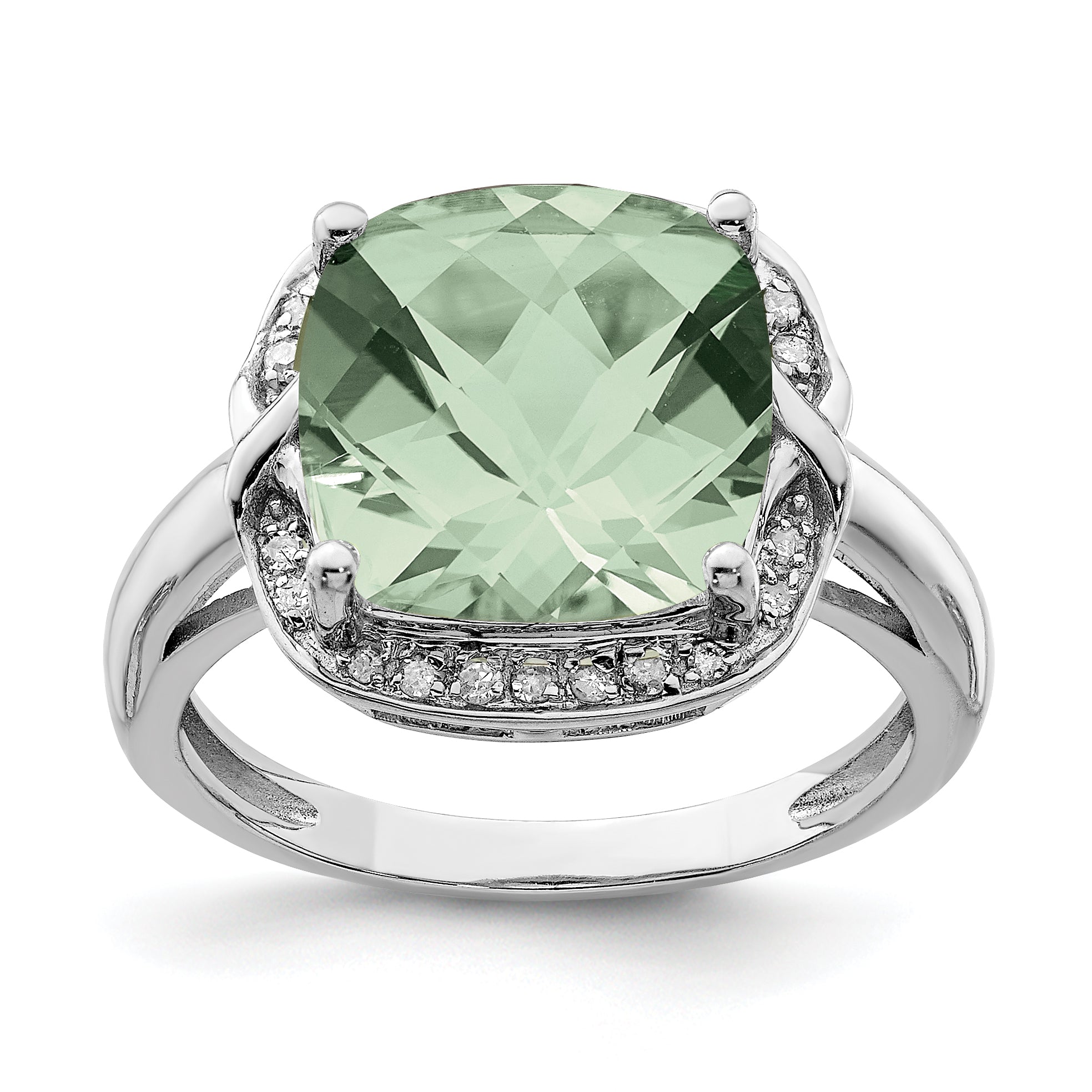 Sterling Silver Rhodium Checker-Cut Green Quartz & Diamond Ring