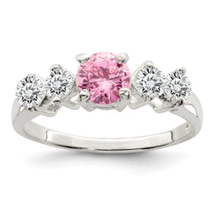 Sterling Silver Pink Round CZ WithSide Stones Ring