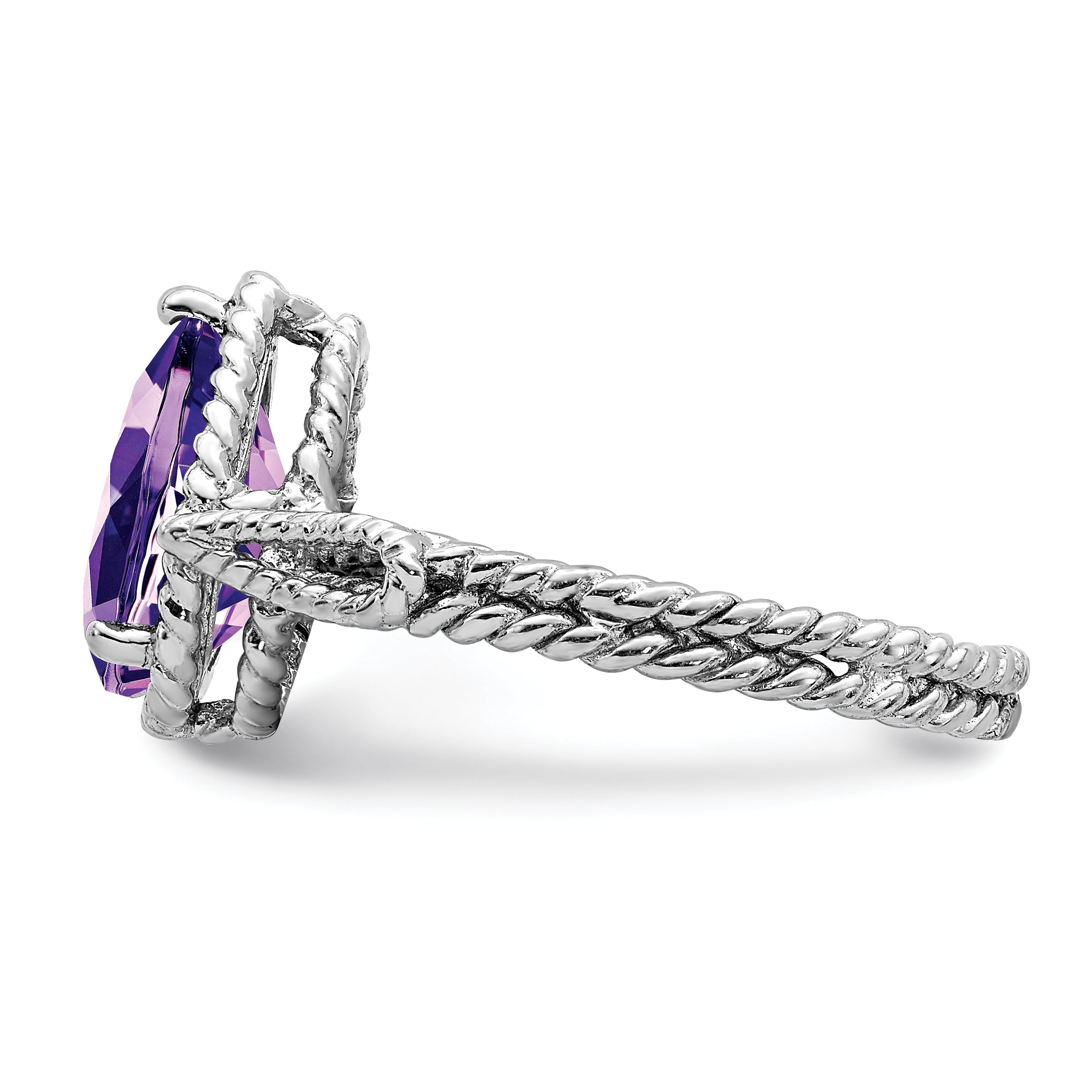 Sterling Silver Rhodium-plated Amethyst Pear Twisted Ring - 6