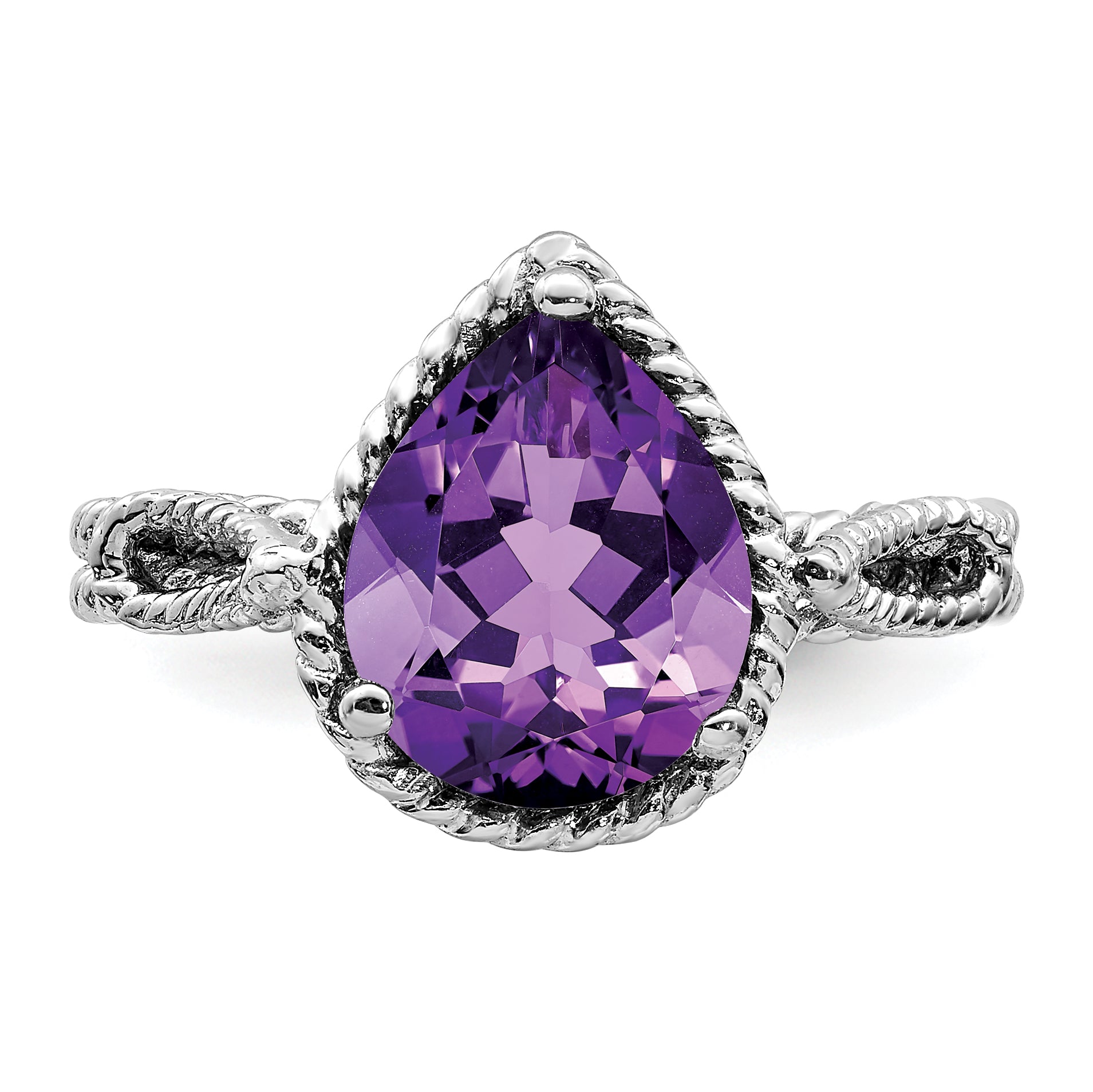 Sterling Silver Rhodium-plated Amethyst Pear Twisted Ring - 6