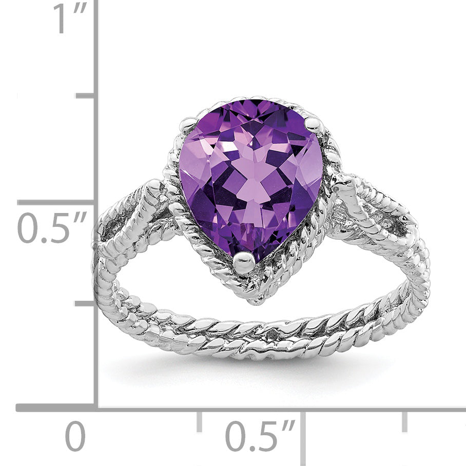 Sterling Silver Rhodium-plated Amethyst Pear Twisted Ring - 6