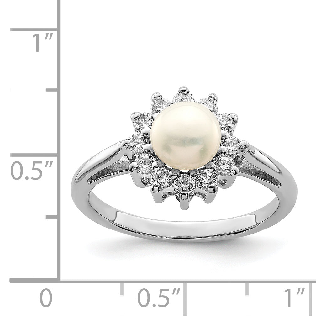 Sterling Silver Rhodium Plated CZ and Fresh Water Cultured Pearl Ring