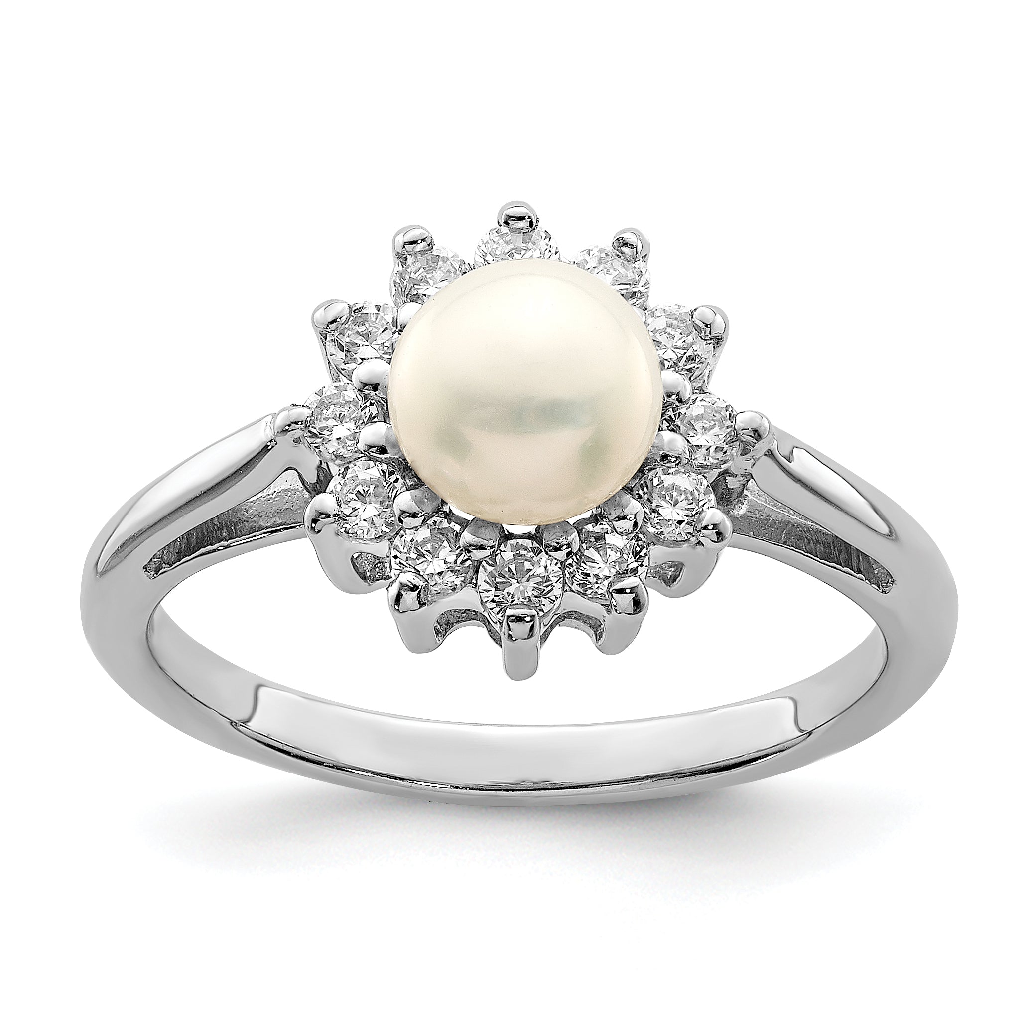 Sterling Silver Rhodium Plated CZ and Fresh Water Cultured Pearl Ring