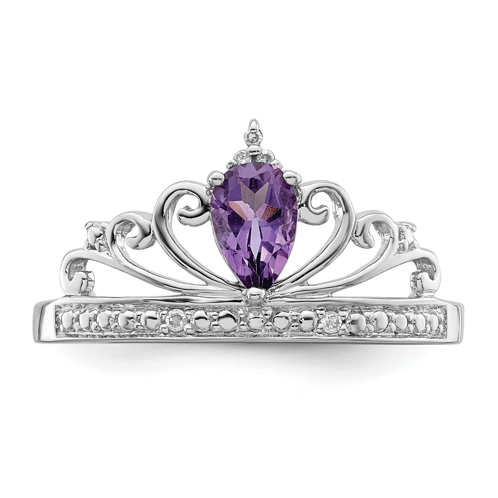 Sterling Silver Rhodium Plated Diamond & Amethyst Teardrop Ring