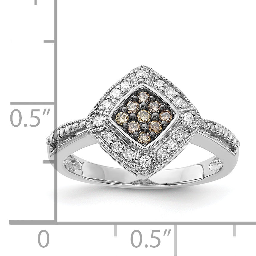 Sterling Silver Champagne & Clear Diamond & Small Diamond Shape Ring