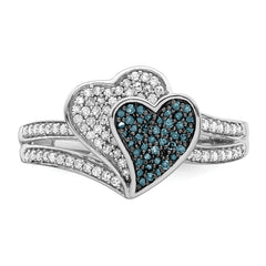 White Night Sterling Silver Rhodium-plated Blue and White Diamond Hearts Ring