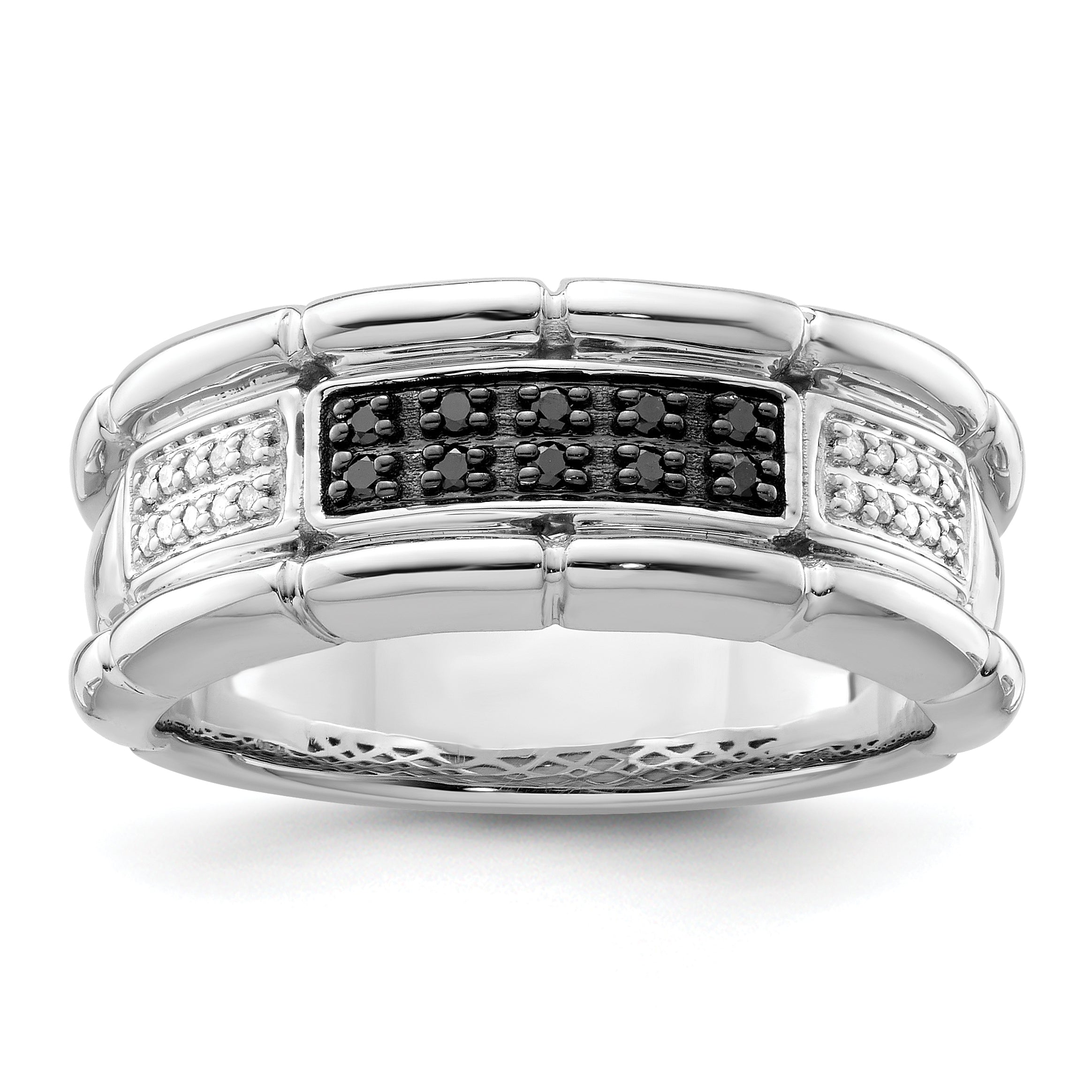 White Night Sterling Silver Rhodium-plated White and Black Diamond Men's Ring