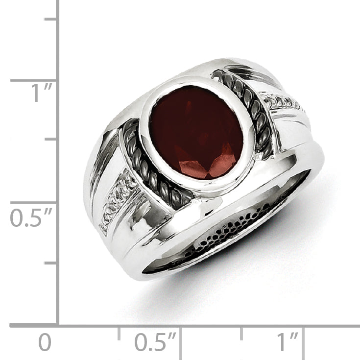 White Night Sterling Silver Black Rhodium-plated Garnet and Diamond Oval Men's Ring