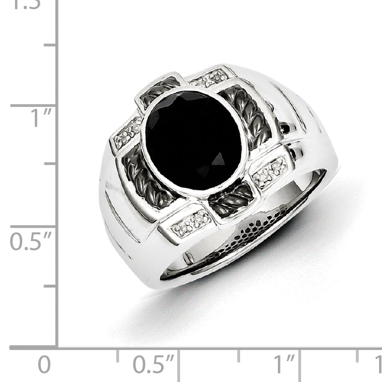 White Night Sterling Silver Black Rhodium-plated Diamond and Onyx Oval Men's Ring