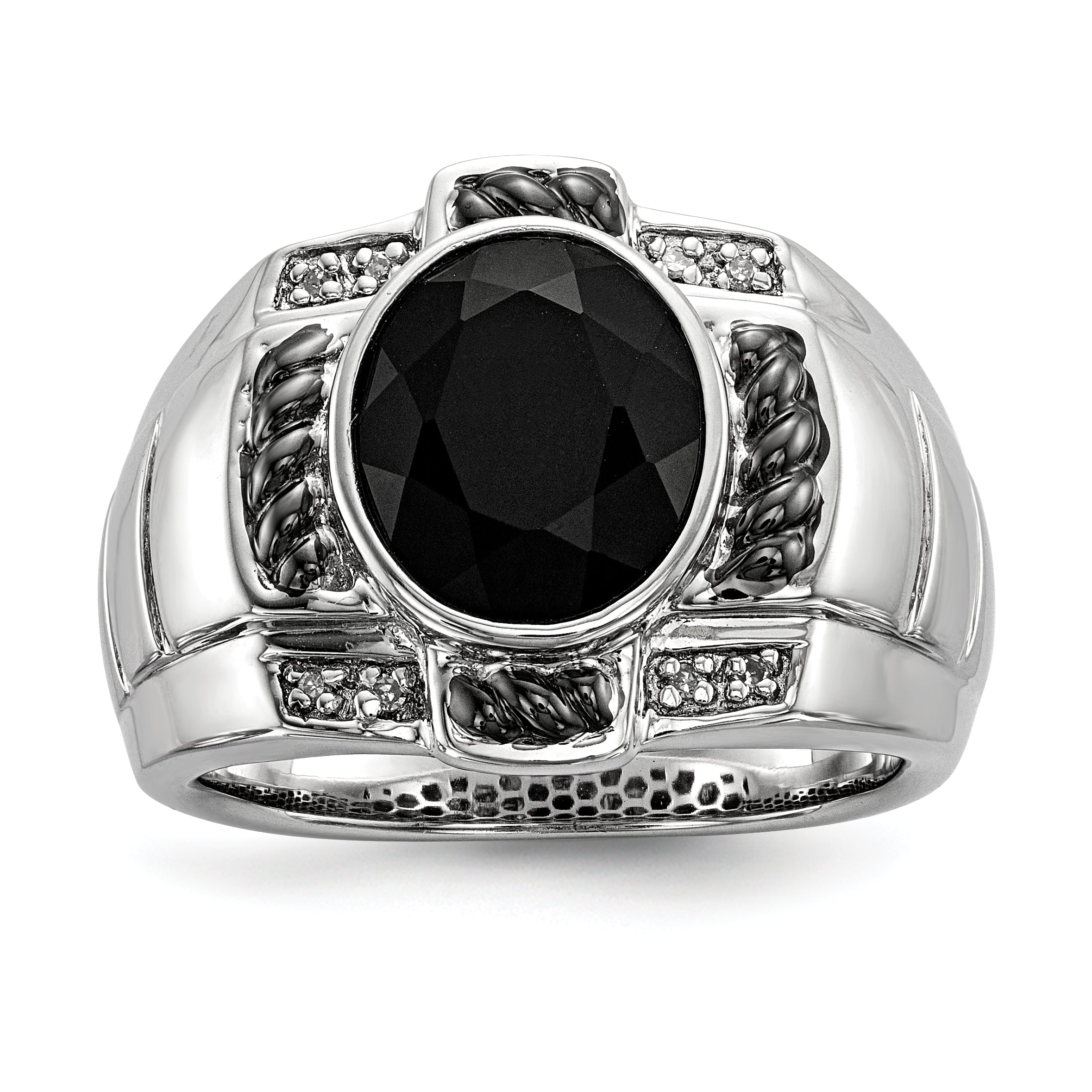 White Night Sterling Silver Black Rhodium-plated Diamond and Onyx Oval Men's Ring