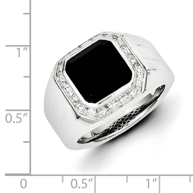 White Night Sterling Silver Rhodium-plated Diamond and Black Onyx Square Men's Ring