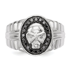 White Night Sterling Silver Rhodium-plated Black Diamond Oval Skull Men's Ring