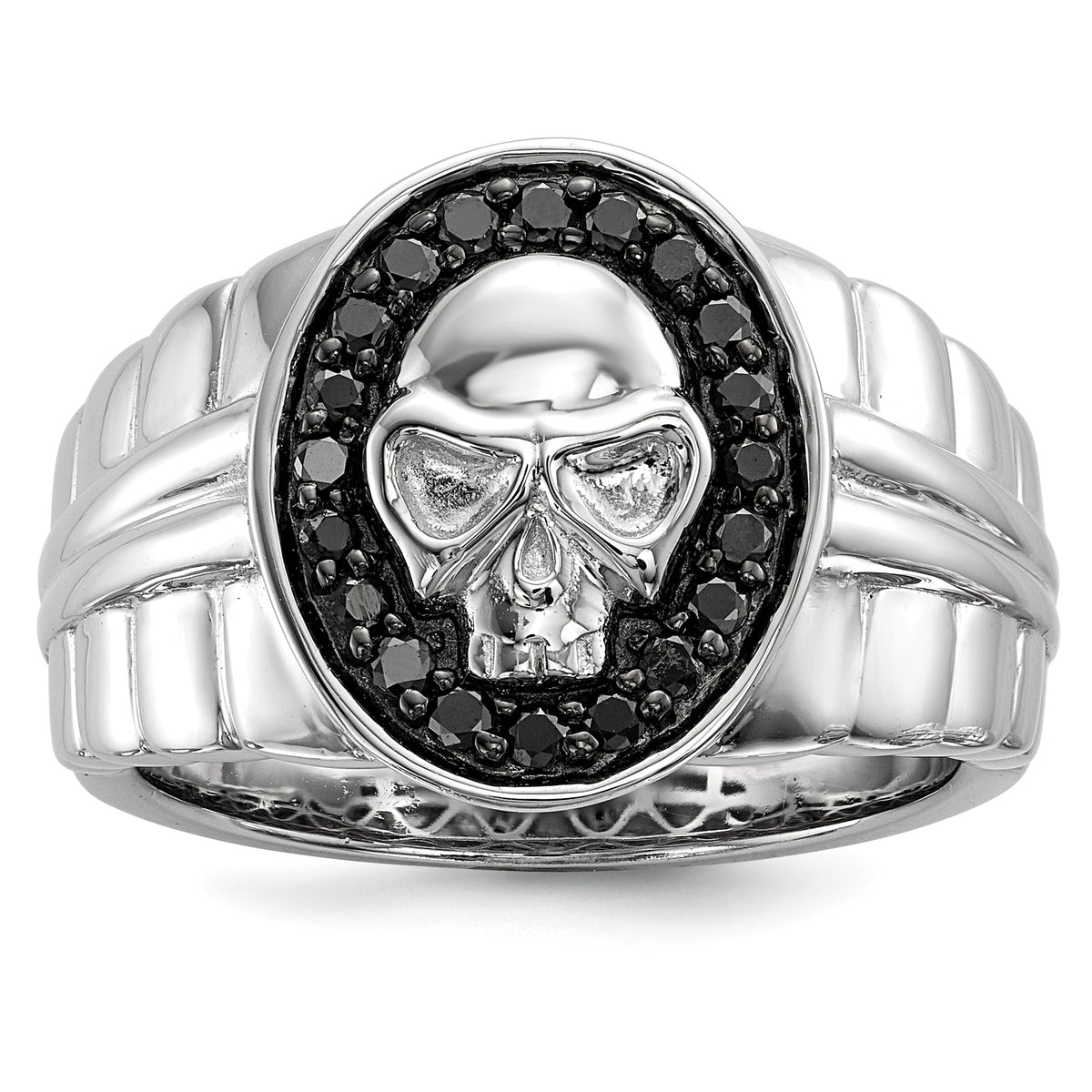 White Night Sterling Silver Rhodium-plated Black Diamond Oval Skull Men's Ring