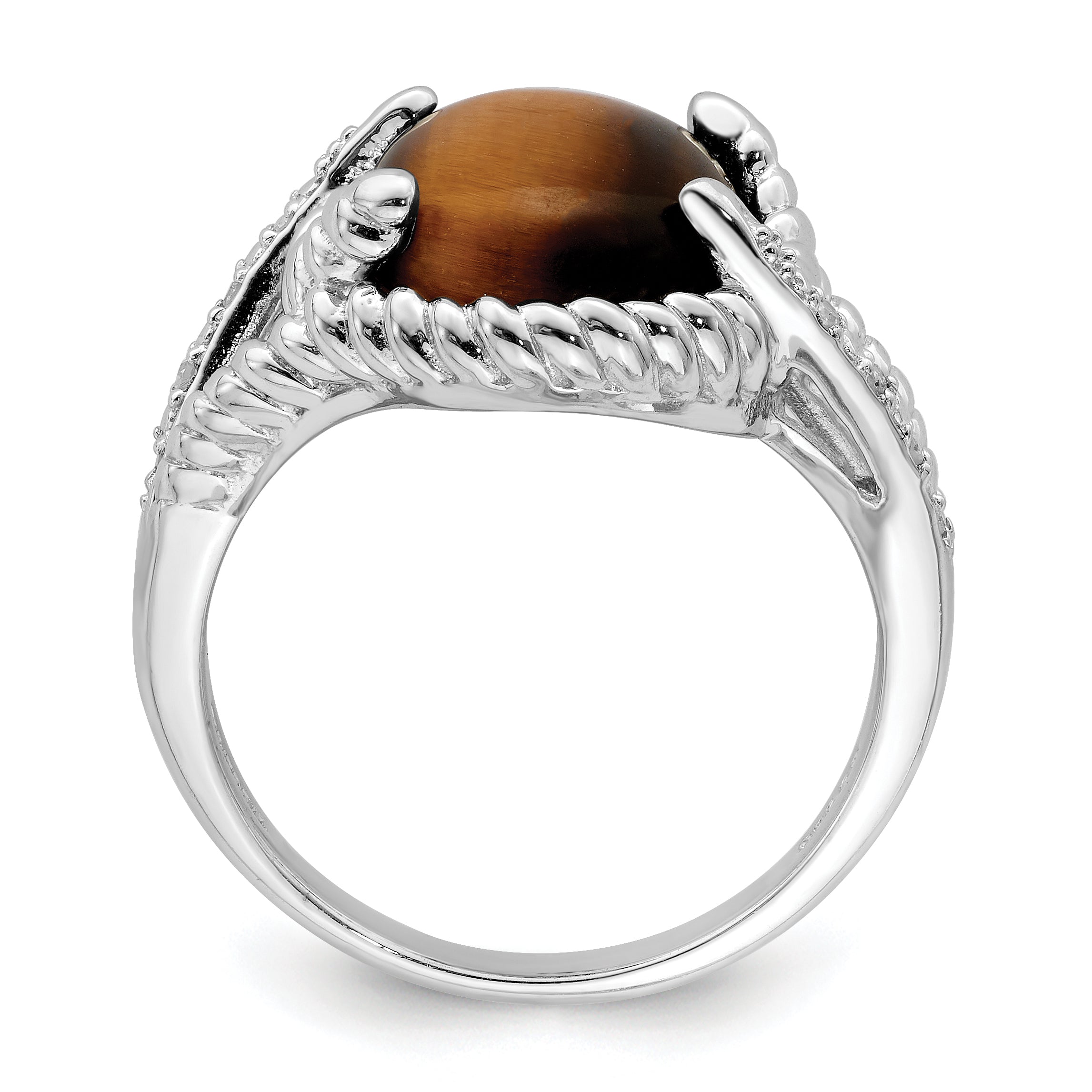 Sterling Silver Rhodium-plated Tigers Eye Quartz and Diamond Ring