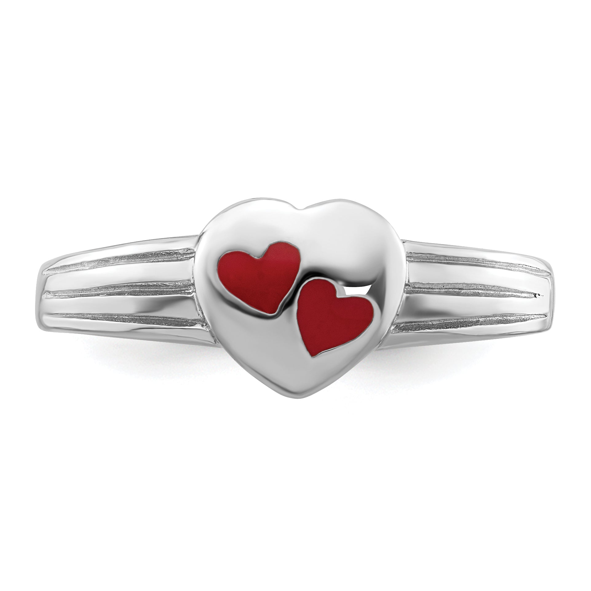 Sterling Silver RH-plated Polished & Red Enameled Heart Children's Ring