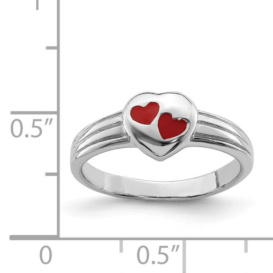 Sterling Silver RH-plated Polished & Red Enameled Heart Children's Ring