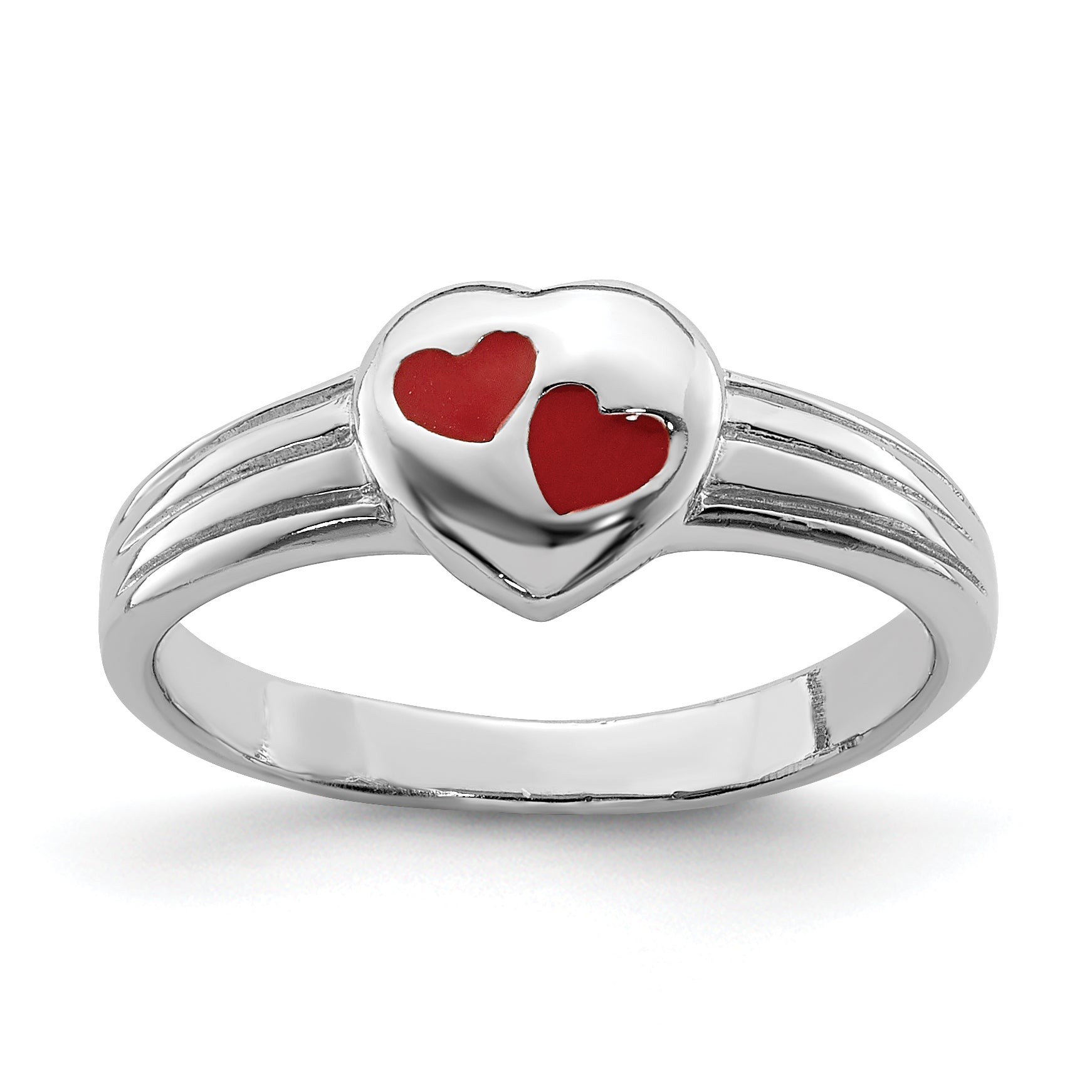 Sterling Silver RH-plated Polished & Red Enameled Heart Children's Ring
