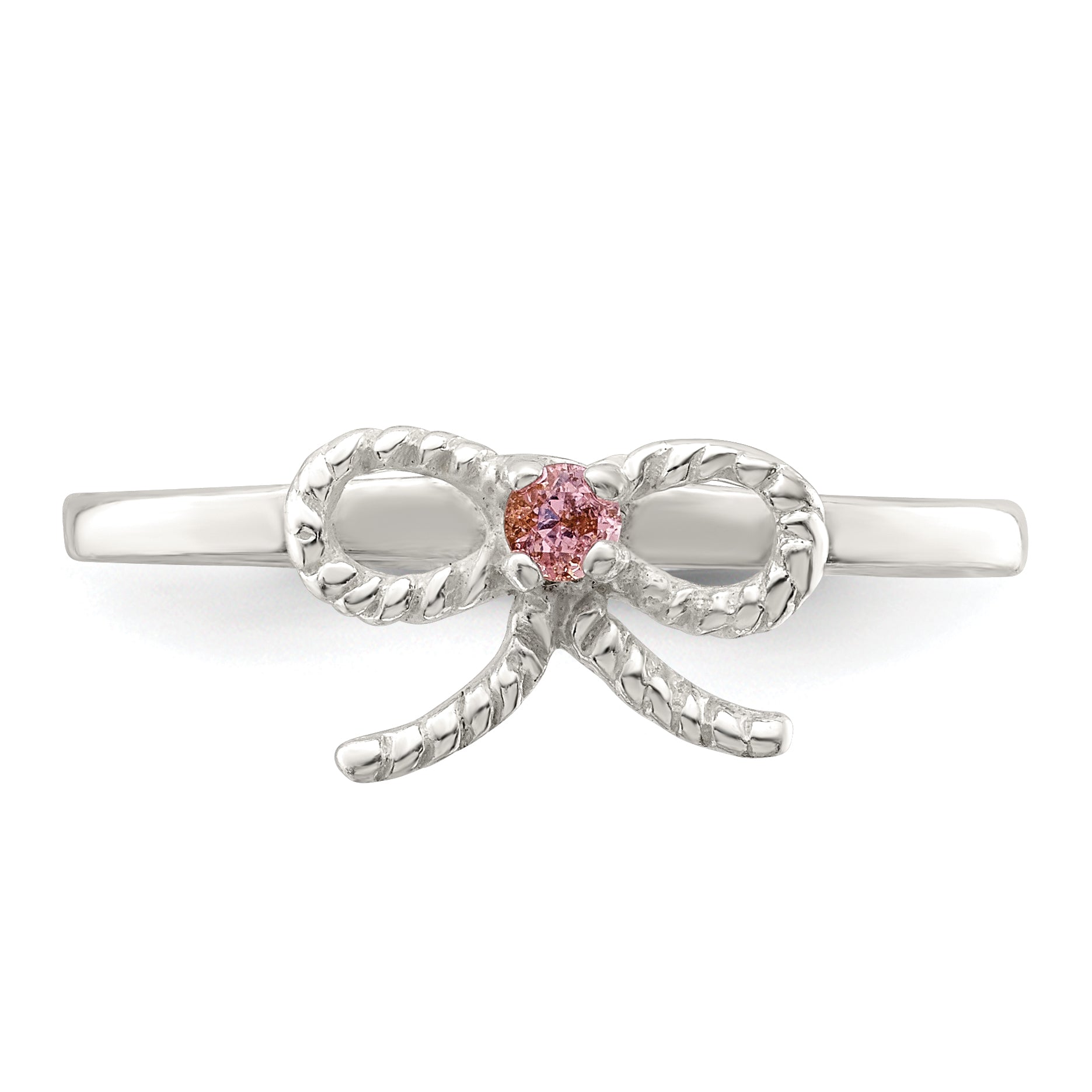 Sterling Silver Polished & Twisted Pink CZ Bow Children's Ring