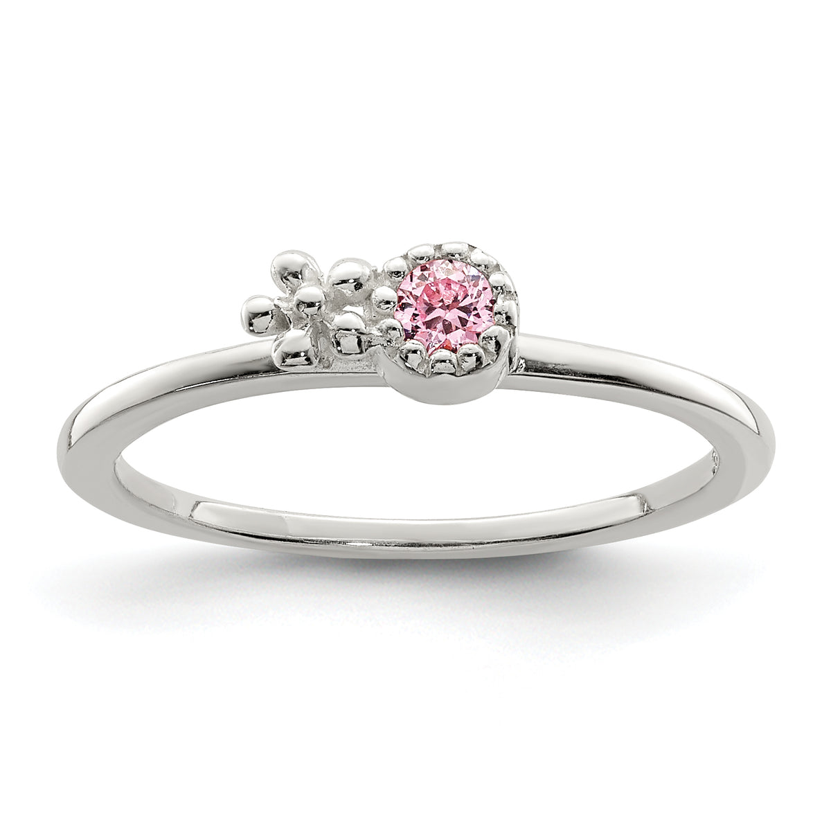 Sterling Silver Polished & Beaded Pink CZ Flower Children's Ring
