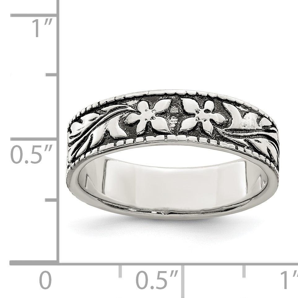 Sterling Silver Antiqued Floral Ring - 6