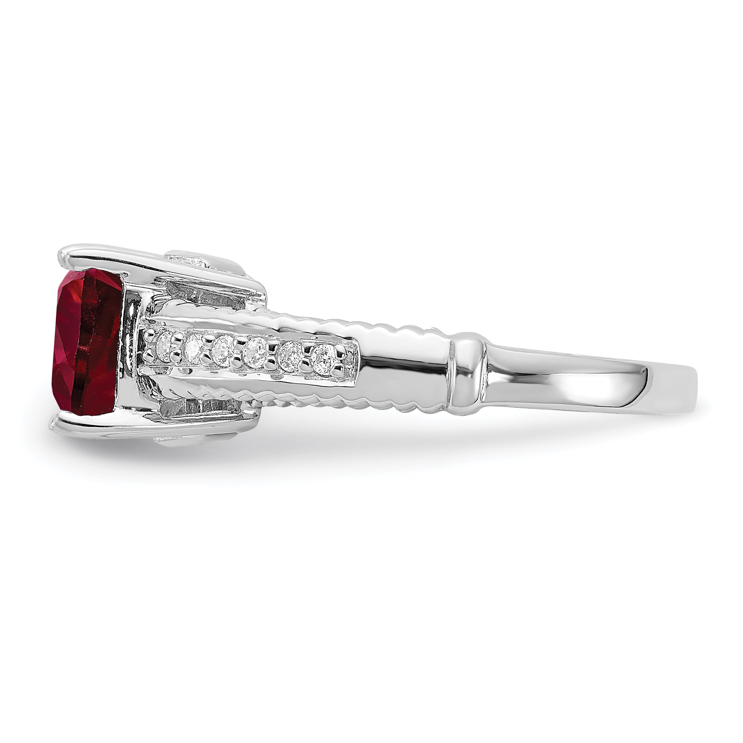 Sterling Silver Rhodium-plated Synthetic Ruby and CZ Ring