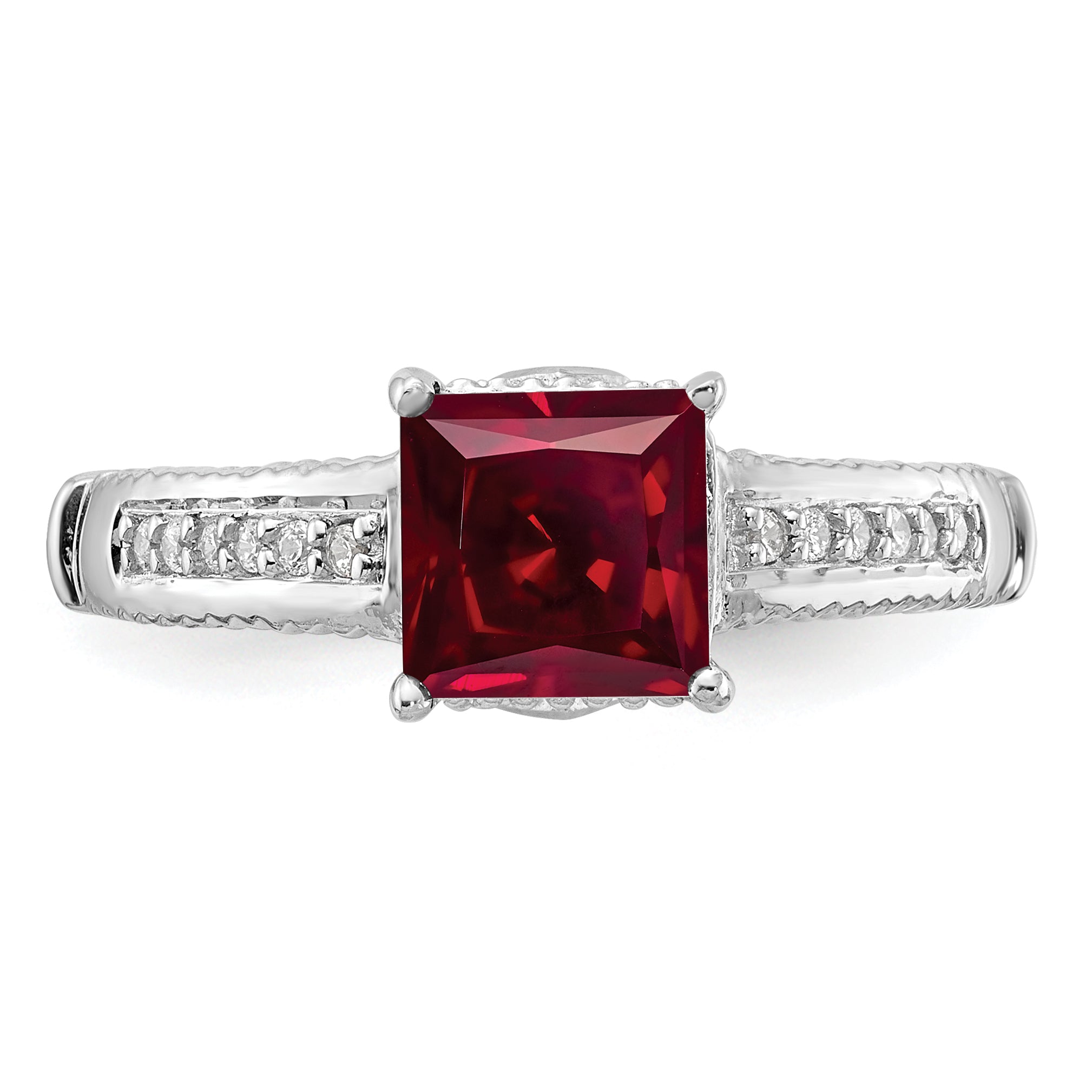 Sterling Silver Rhodium-plated Synthetic Ruby and CZ Ring