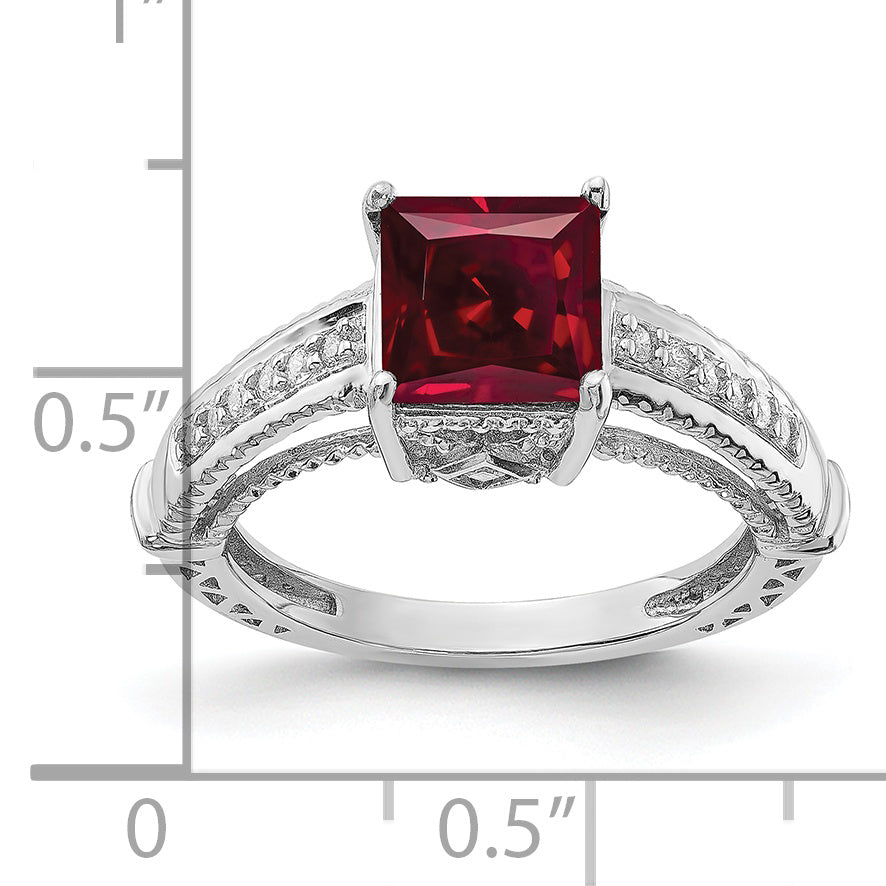 Sterling Silver Rhodium-plated Synthetic Ruby and CZ Ring