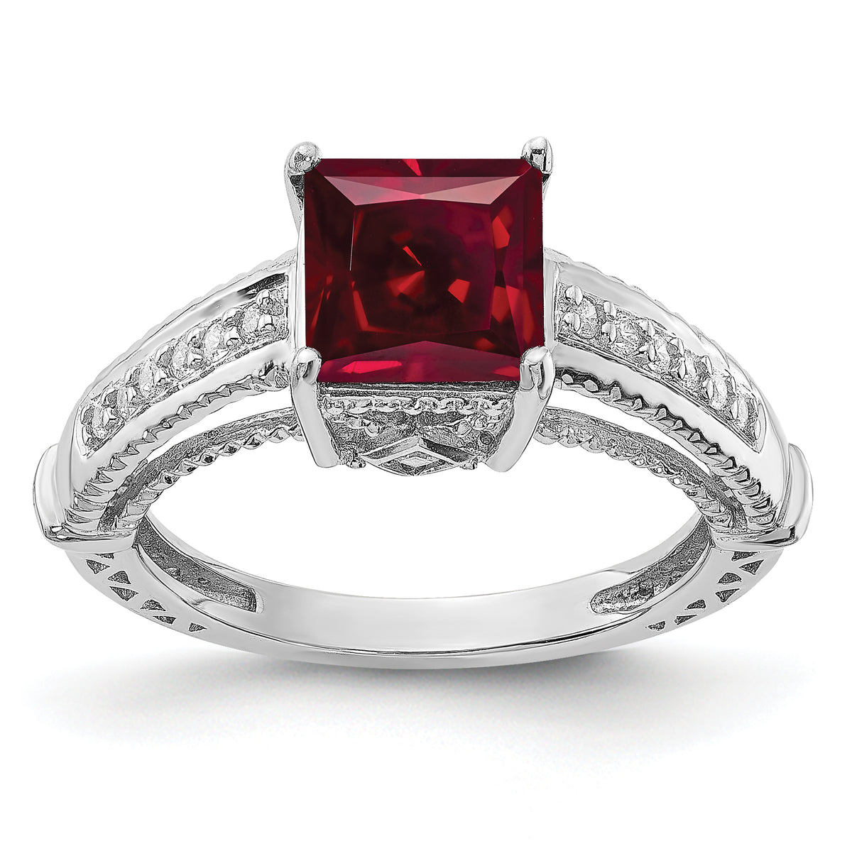 Sterling Silver Rhodium-plated Lab Created Ruby and CZ Ring