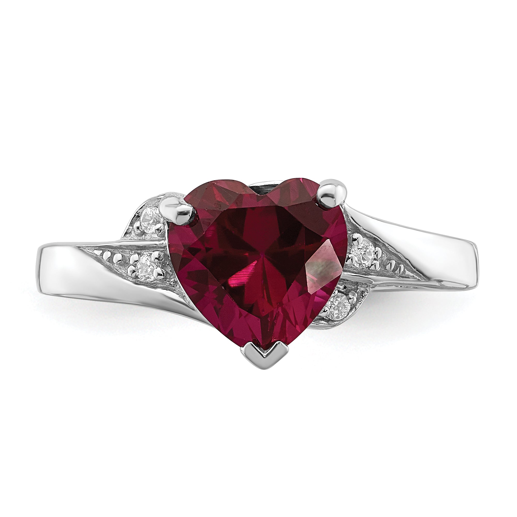 Sterling Silver Rhodium-plated CZ and Synthetic Ruby Heart Ring