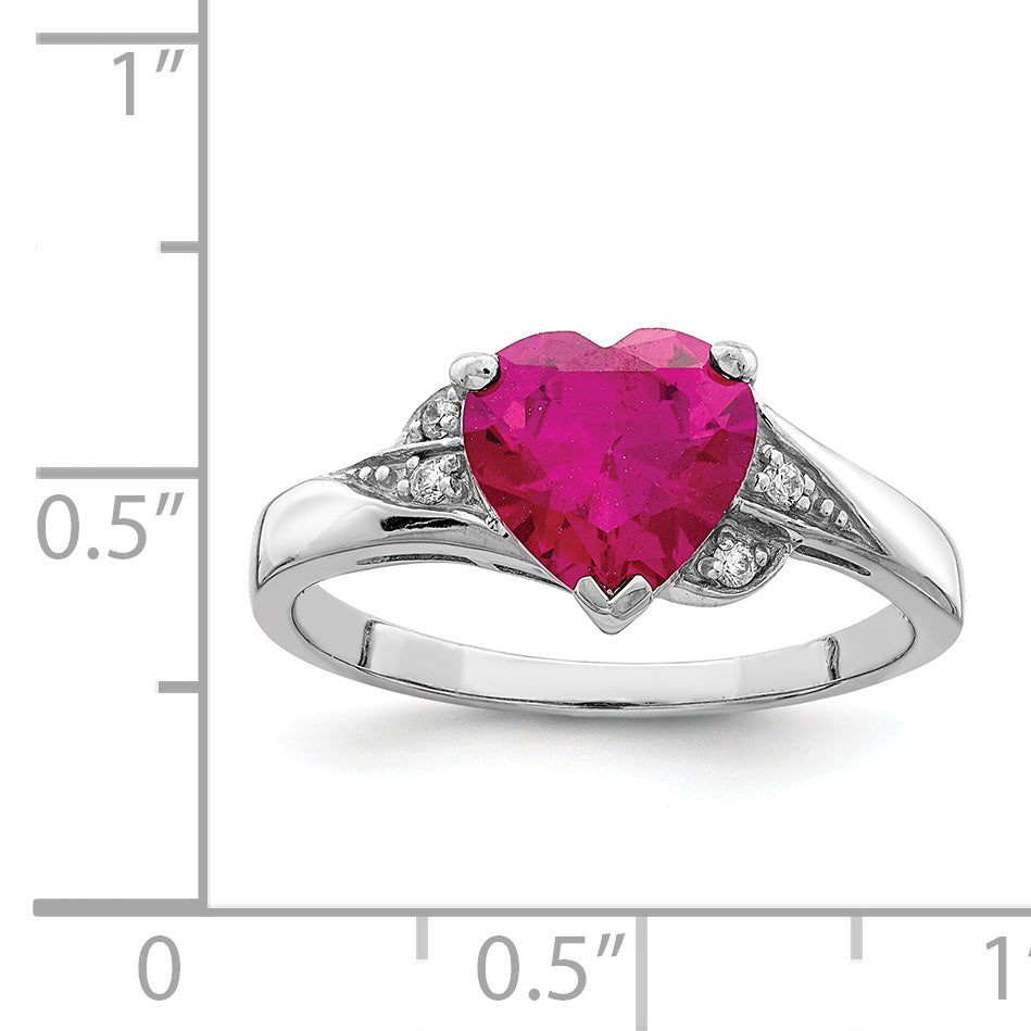 Sterling Silver Rhodium-plated CZ and Synthetic Ruby Heart Ring