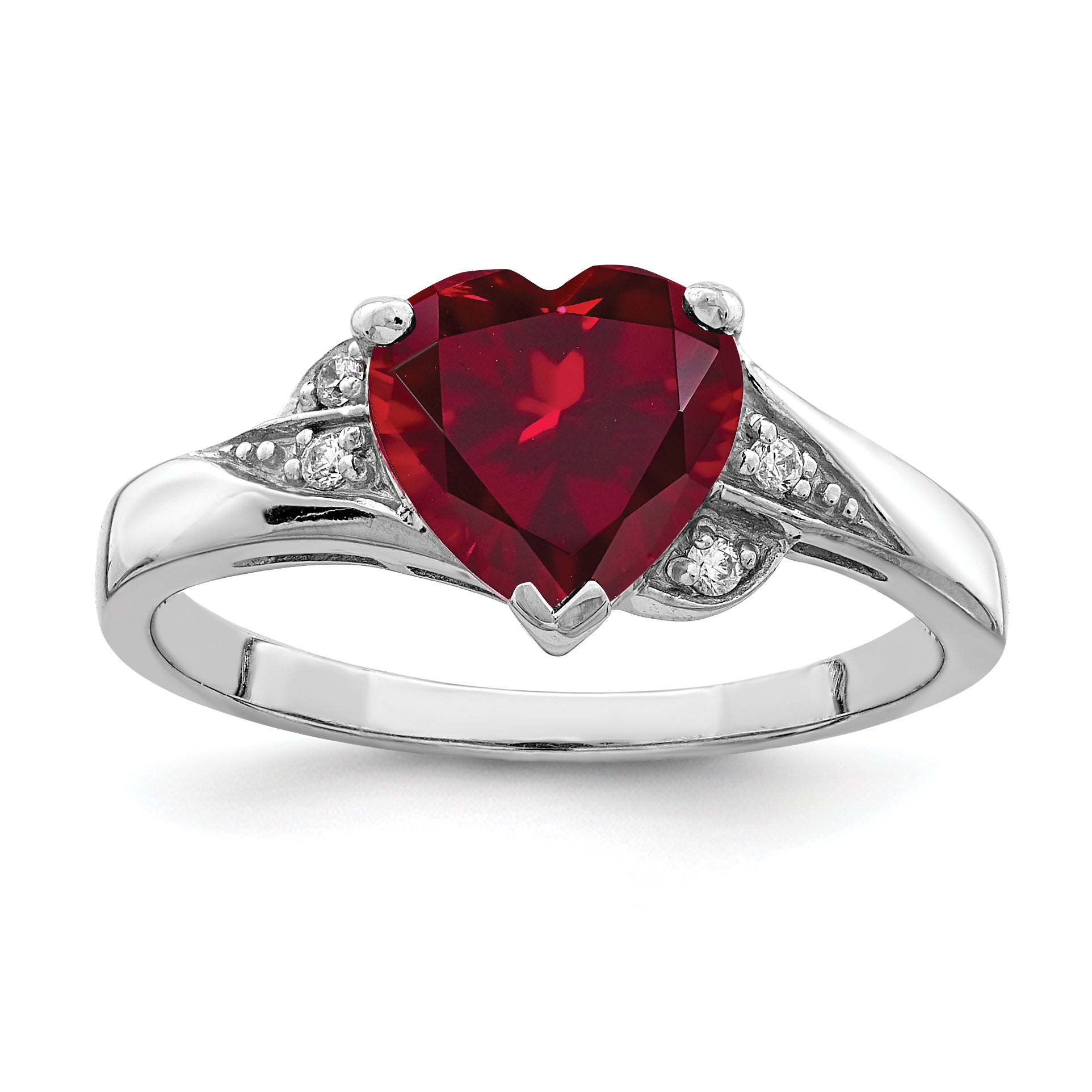 Sterling Silver Rhodium-plated CZ and Synthetic Ruby Heart Ring