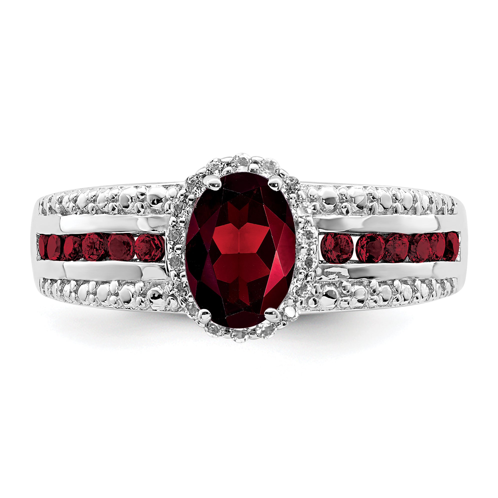 Sterling Silver Rhodium-plated Garnet and White Topaz Ring - 6