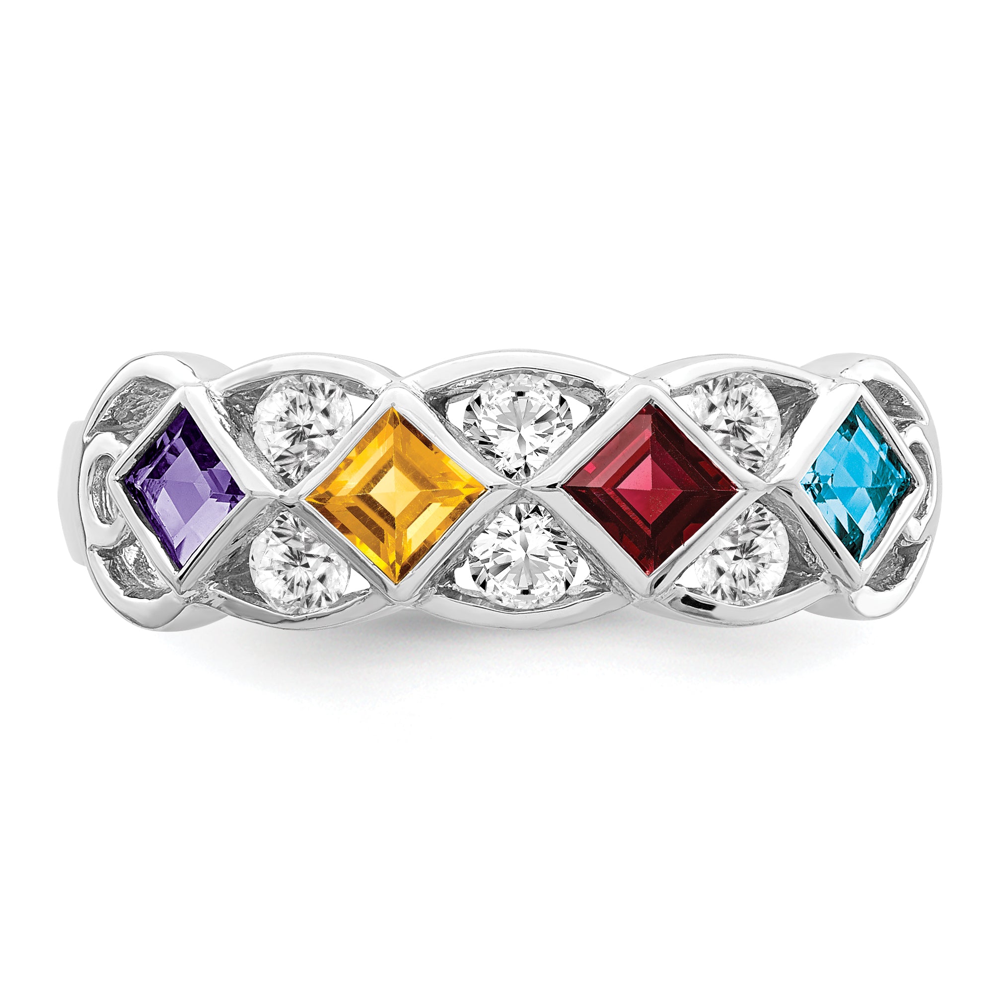 SS Rhodium-plated WithCZ, Amethyst, Citrine, Garnet & Blue Topaz Ring - 6